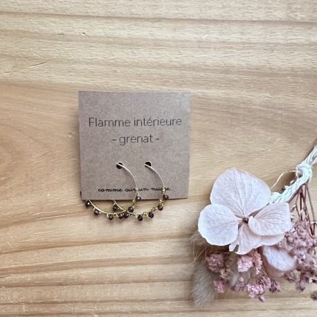 Grenat, flamme intérieure, boucle d'oreille